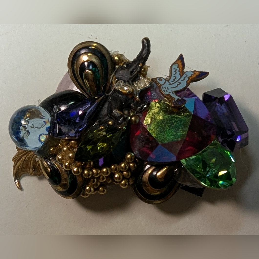 Wendy Gell Brooch Elephant And Dove Was Swarovski Jewels And Gold Beads.
